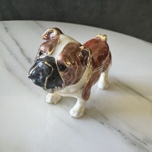 Jeweled English BULLDOG Rhinestone Metal Enamel Magnetic Trinket Box Hinged